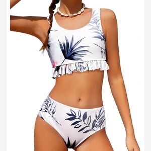 Chic Floral Ruffle Tankini Set - White with Navy Leaf Print - Girls 14/16
